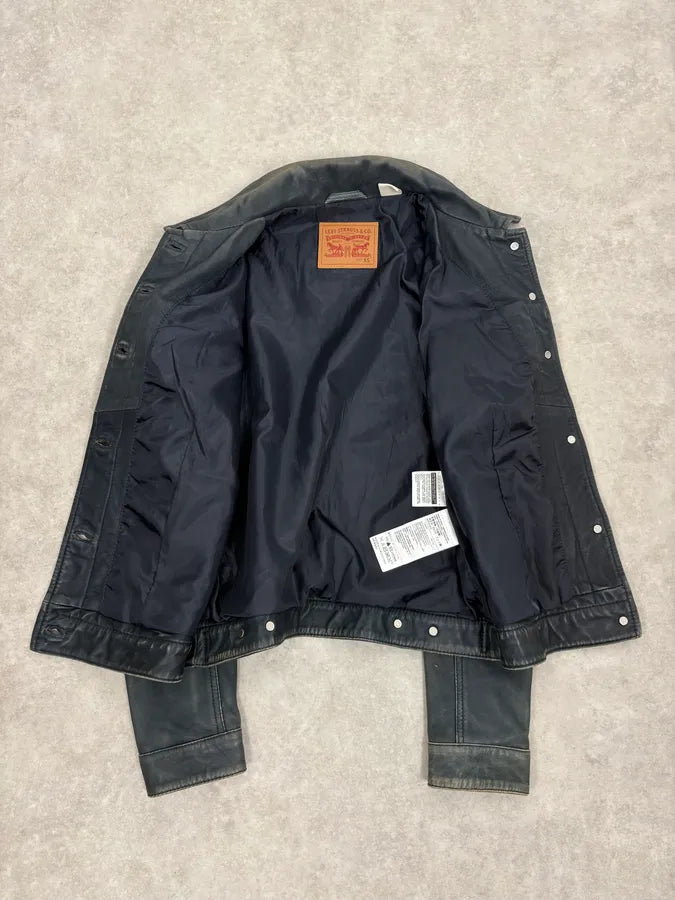 2000s Levis Black Leather Trucket Jacket  XWZrLWP 6