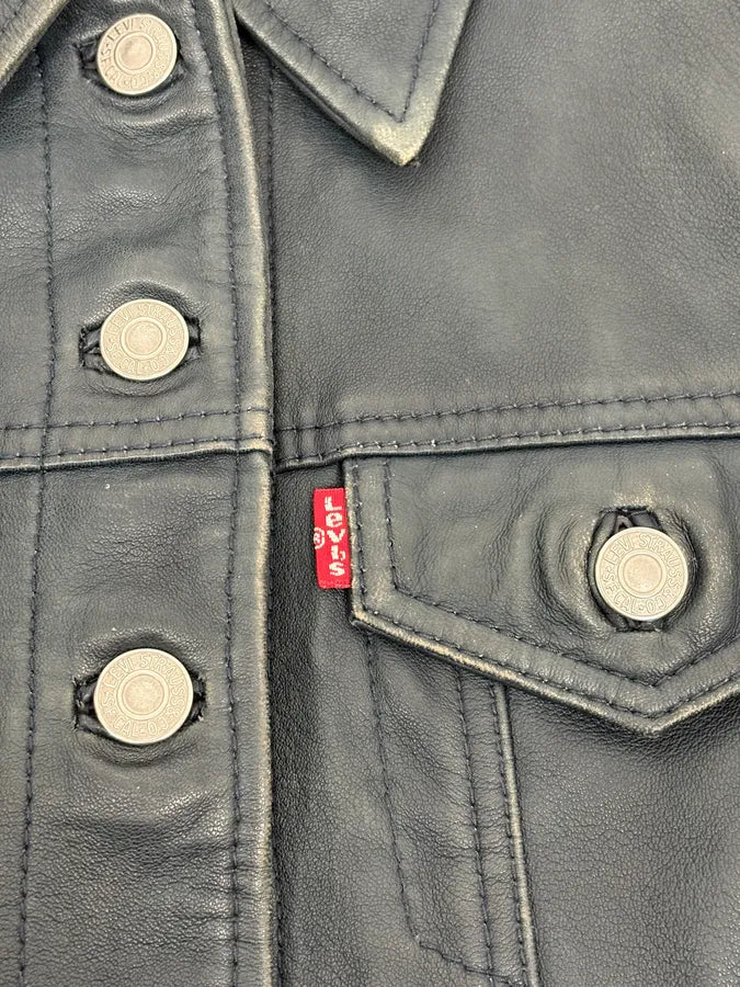 2000s Levis Black Leather Trucket Jacket  XWZrLWP 8