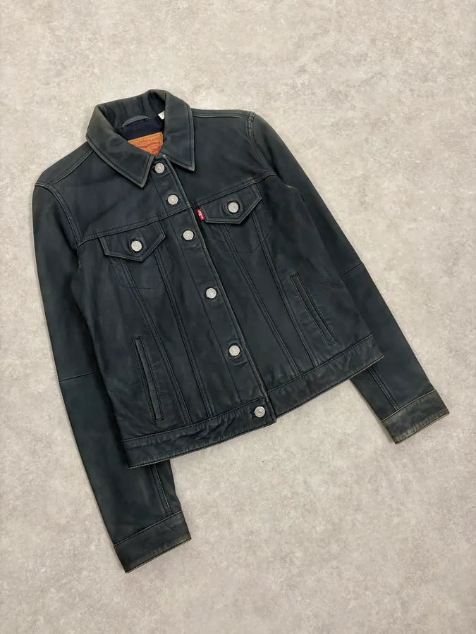 2000s Levis Black Leather Trucket Jacket  XWZrLWP 3