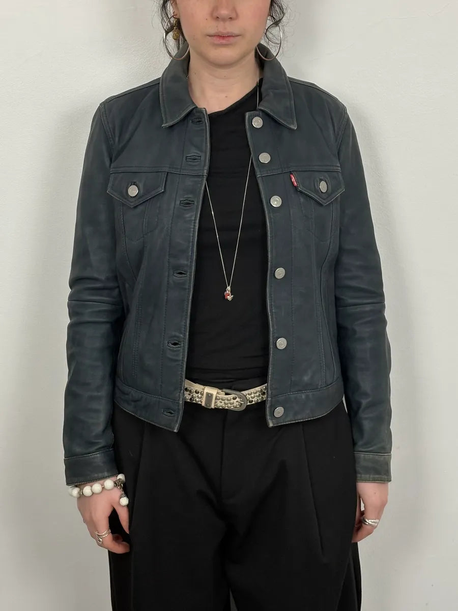 2000s Levis Black Leather Trucket Jacket  XWZrLWP 1