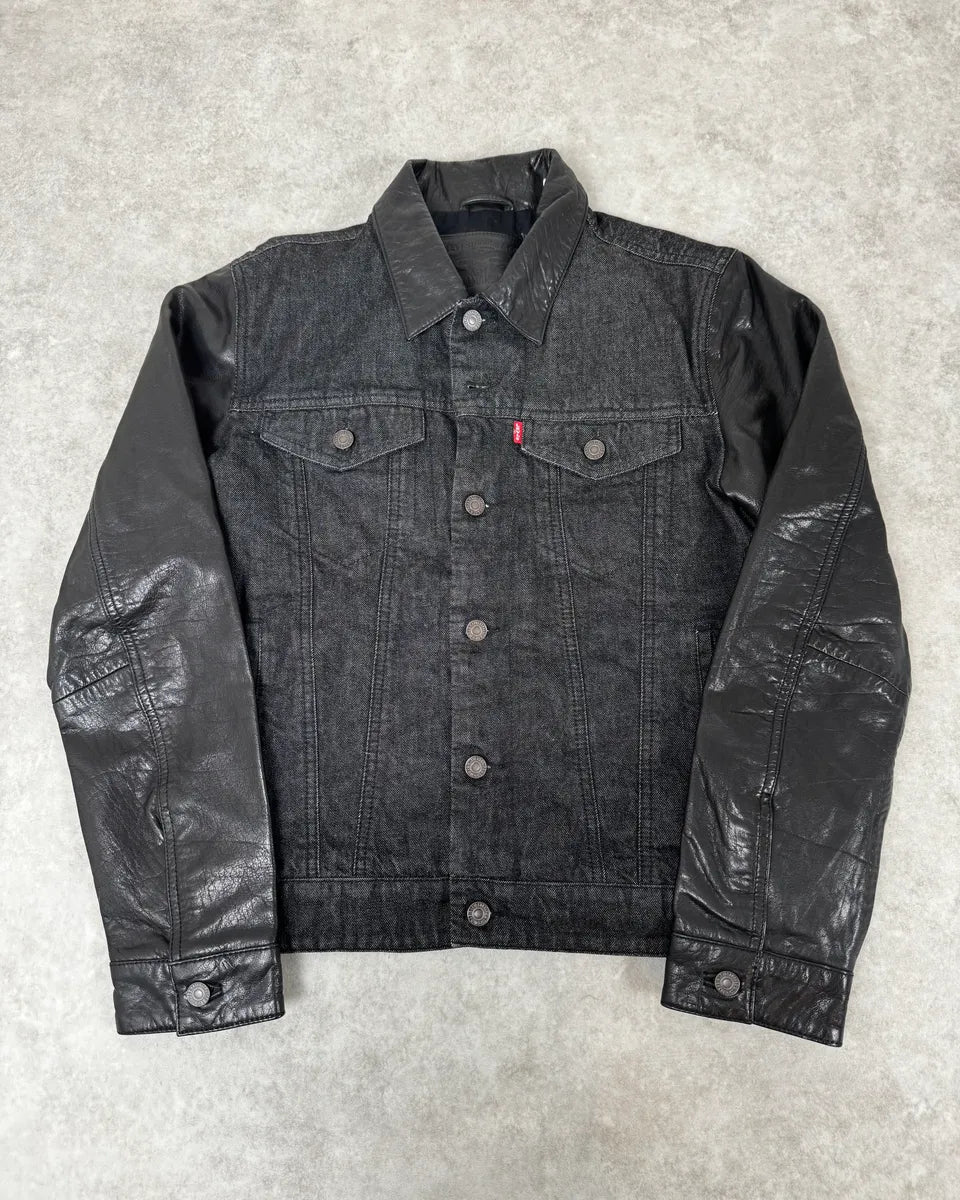 2000s Levi’s Hybrid Black Denim & Leather Sleeves Jacket EpBbaCQ 0