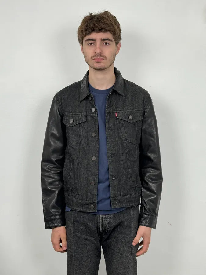 2000s Levi’s Hybrid Black Denim & Leather Sleeves Jacket EpBbaCQ 1