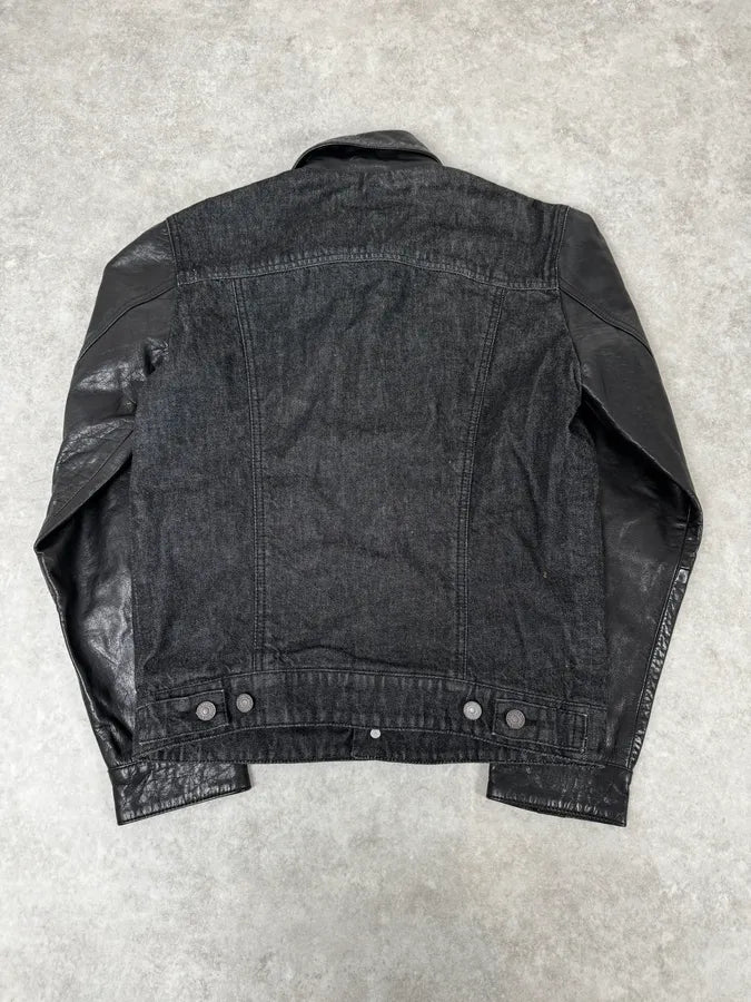 2000s Levi’s Hybrid Black Denim & Leather Sleeves Jacket EpBbaCQ 3