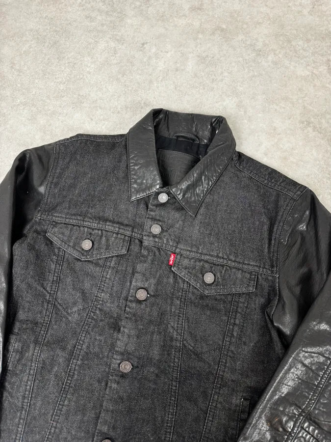2000s Levi’s Hybrid Black Denim & Leather Sleeves Jacket EpBbaCQ 4