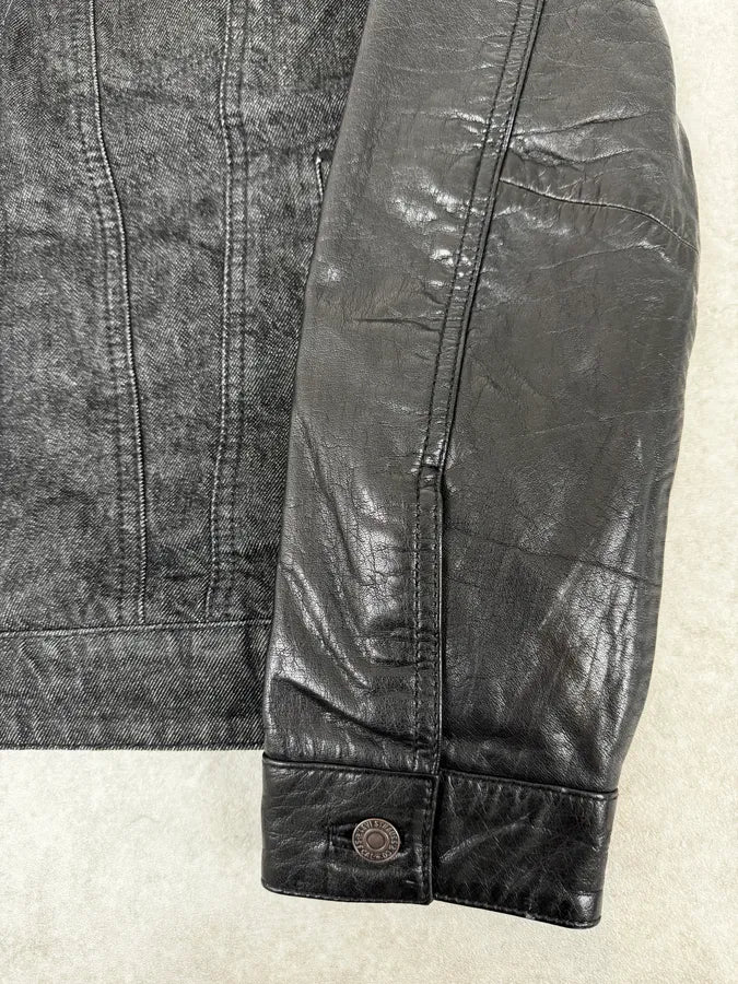 2000s Levi’s Hybrid Black Denim & Leather Sleeves Jacket EpBbaCQ 7