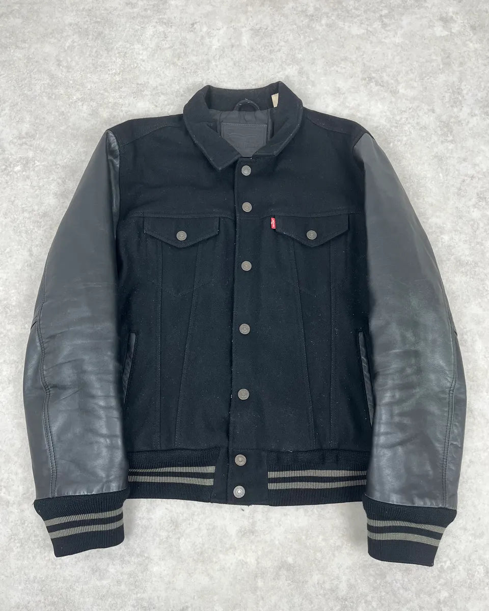 2000s Levi’s Leather & Wool Teddy Black Bomber Jacket bjRxxxC 0