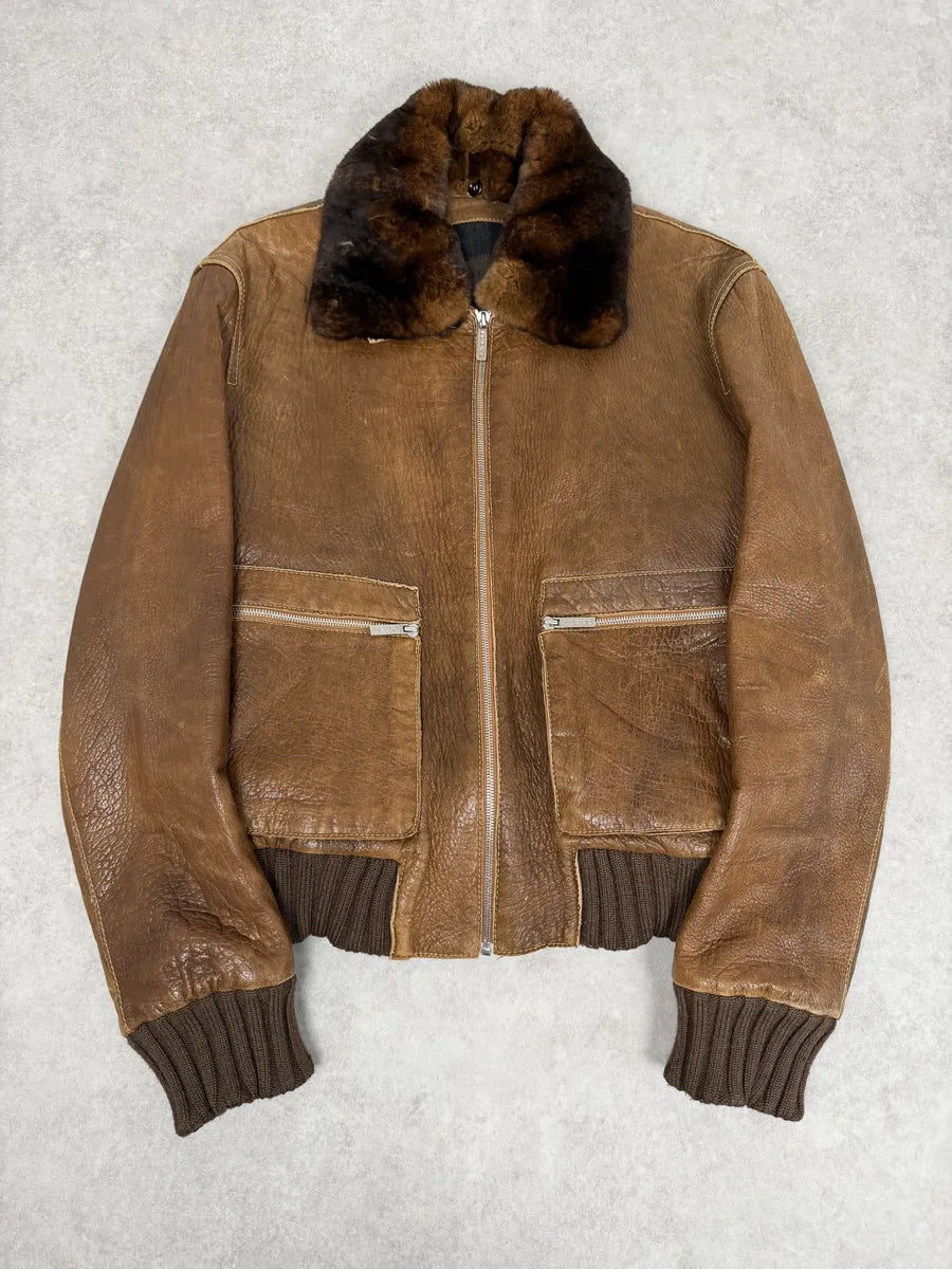 2000s Loewe Brown Eroded Grained Premium Leather Bomber Jacket NBCQoLe 0