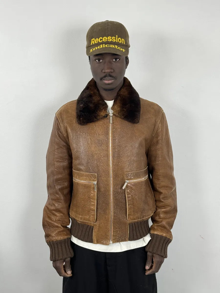 2000s Loewe Brown Eroded Grained Premium Leather Bomber Jacket NBCQoLe 1