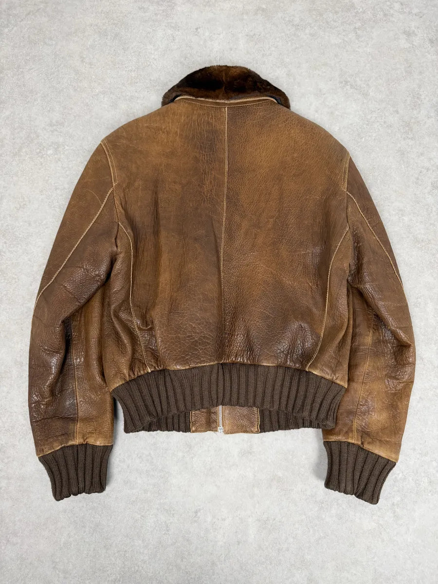 2000s Loewe Brown Eroded Grained Premium Leather Bomber Jacket NBCQoLe 2