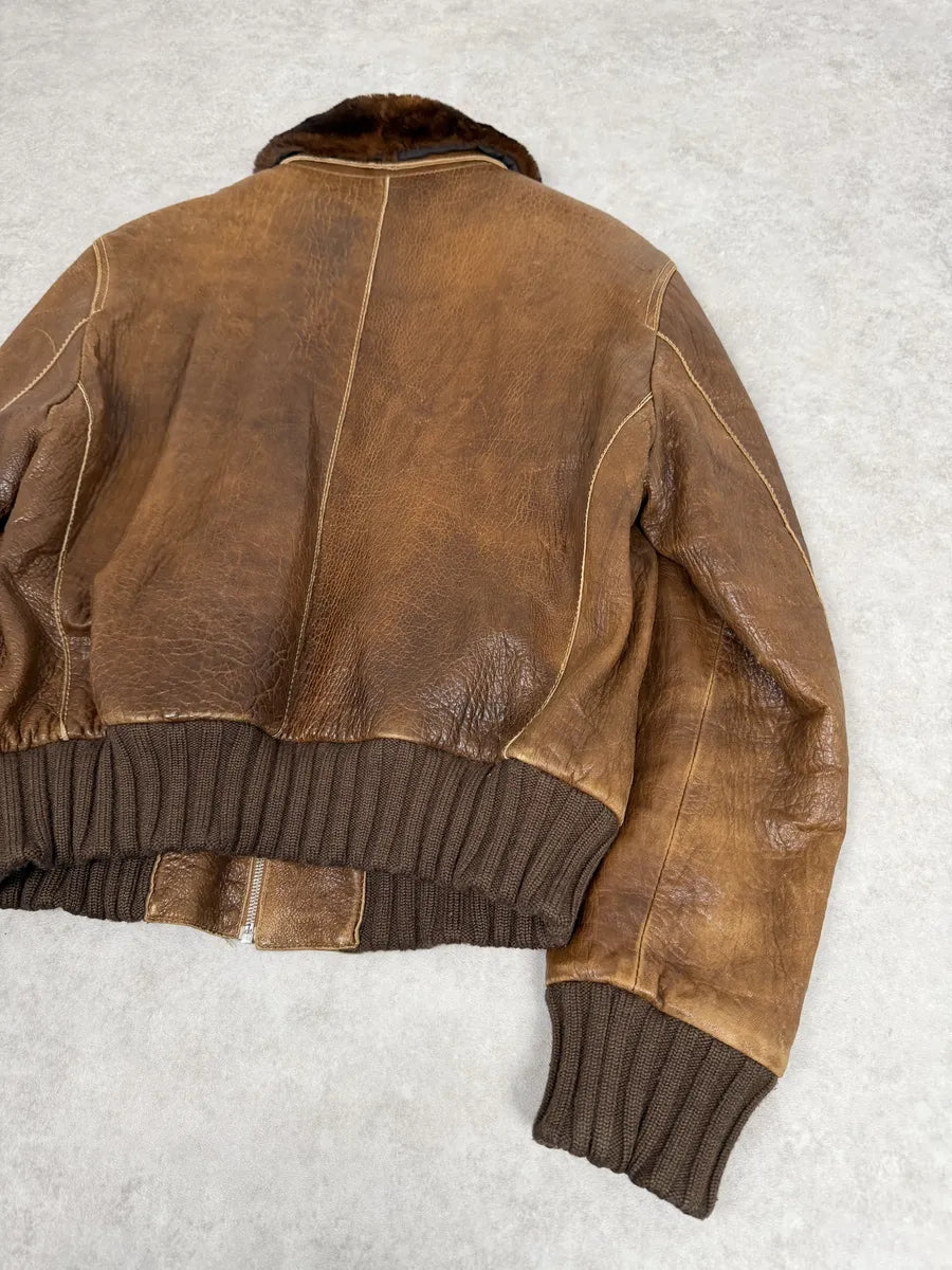 2000s Loewe Brown Eroded Grained Premium Leather Bomber Jacket NBCQoLe 5