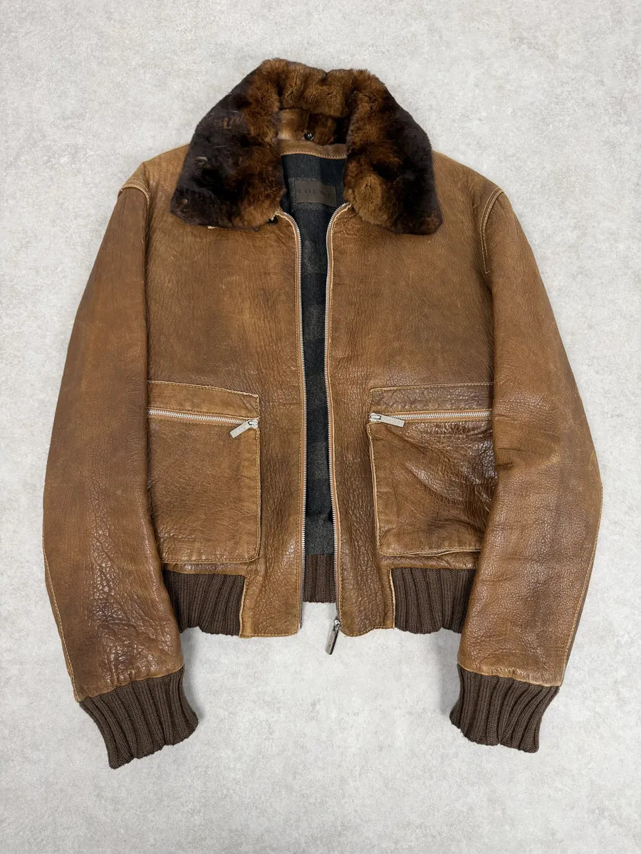 2000s Loewe Brown Eroded Grained Premium Leather Bomber Jacket NBCQoLe 7