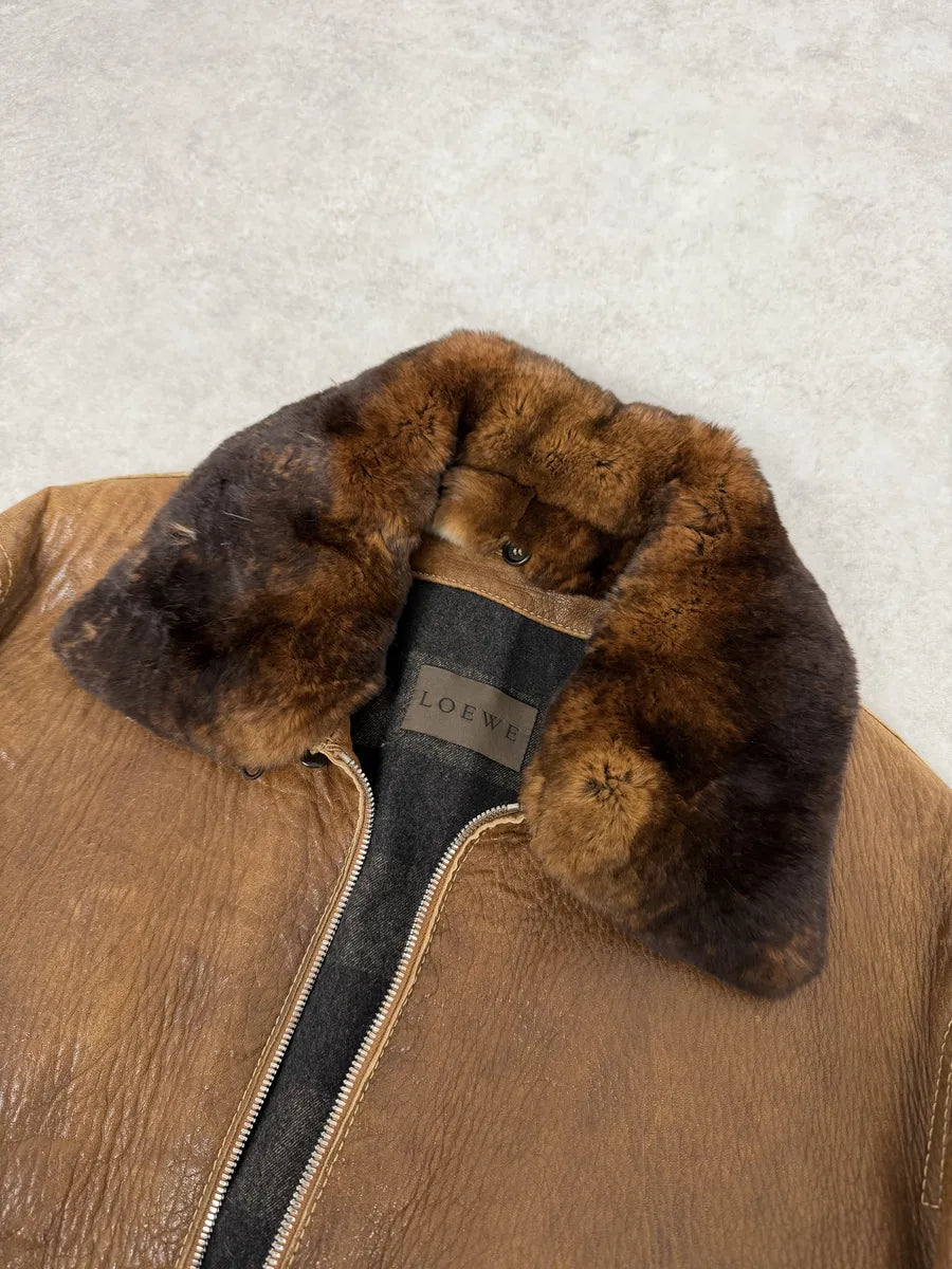 2000s Loewe Brown Eroded Grained Premium Leather Bomber Jacket NBCQoLe 8
