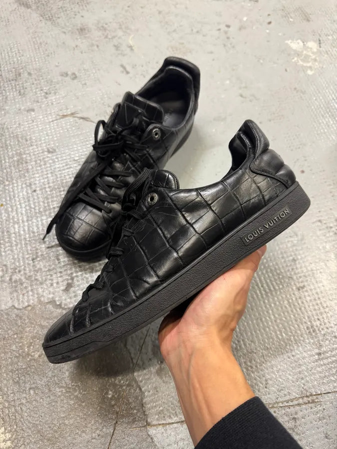 2000s Louis Vuitton Crocodile Embossed Black Leather Low Sneakers