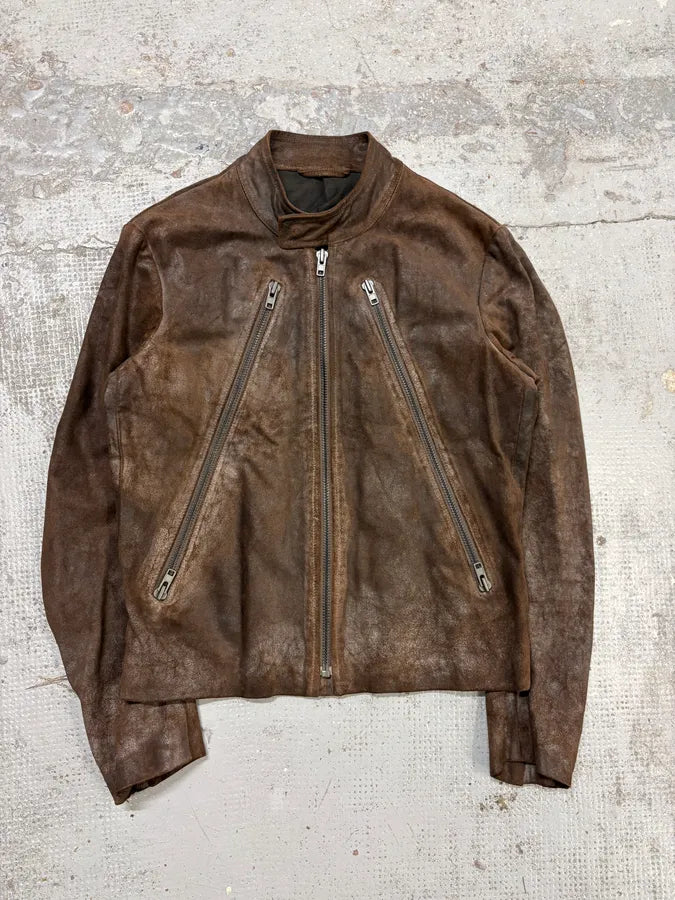 AW2008 Maison Margiela Brown 5-Zip Eroded Leather Biker Jacket zFrhMGs 5