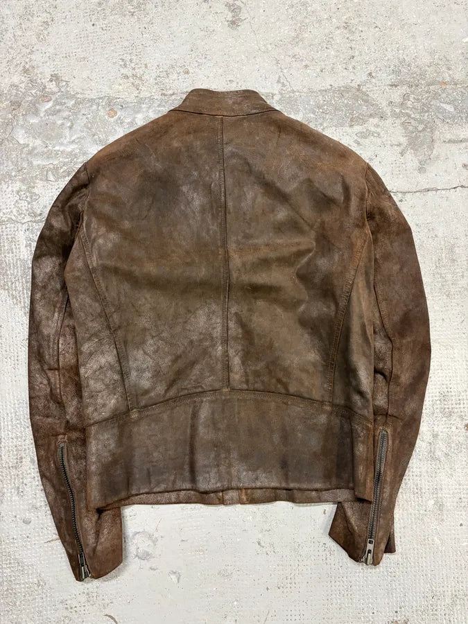 AW2008 Maison Margiela Brown 5-Zip Eroded Leather Biker Jacket zFrhMGs 6