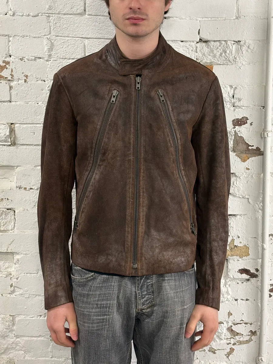 AW2008 Maison Margiela Brown 5-Zip Eroded Leather Biker Jacket zFrhMGs 1