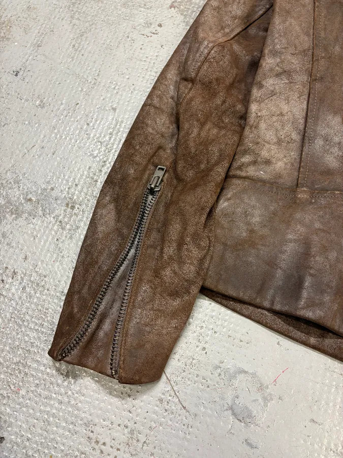 AW2008 Maison Margiela Brown 5-Zip Eroded Leather Biker Jacket zFrhMGs 9