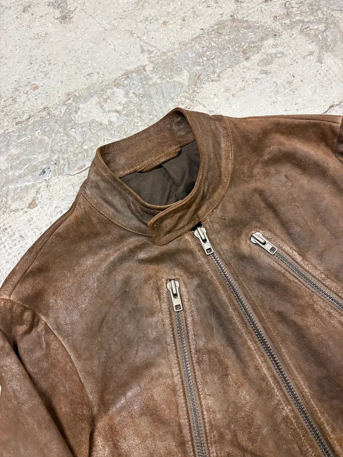 AW2008 Maison Margiela Brown 5-Zip Eroded Leather Biker Jacket zFrhMGs 4