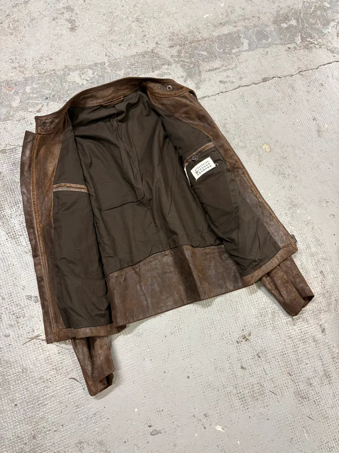AW2008 Maison Margiela Brown 5-Zip Eroded Leather Biker Jacket zFrhMGs 8