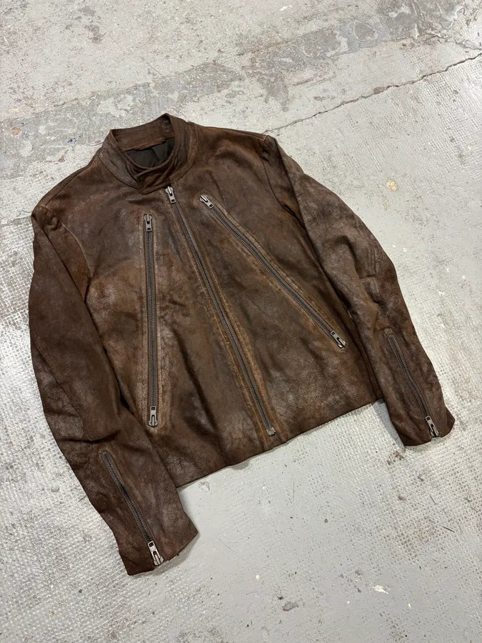 AW2008 Maison Margiela Brown 5-Zip Eroded Leather Biker Jacket zFrhMGs 3