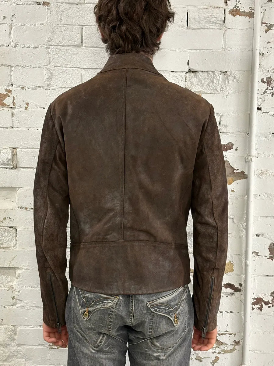 AW2008 Maison Margiela Brown 5-Zip Eroded Leather Biker Jacket zFrhMGs 2