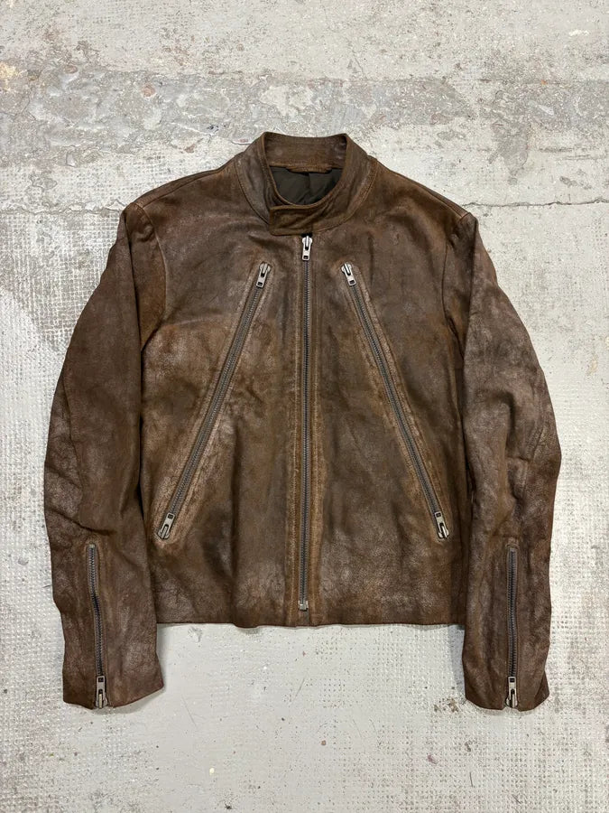 AW2008 Maison Margiela Brown 5-Zip Eroded Leather Biker Jacket zFrhMGs 0