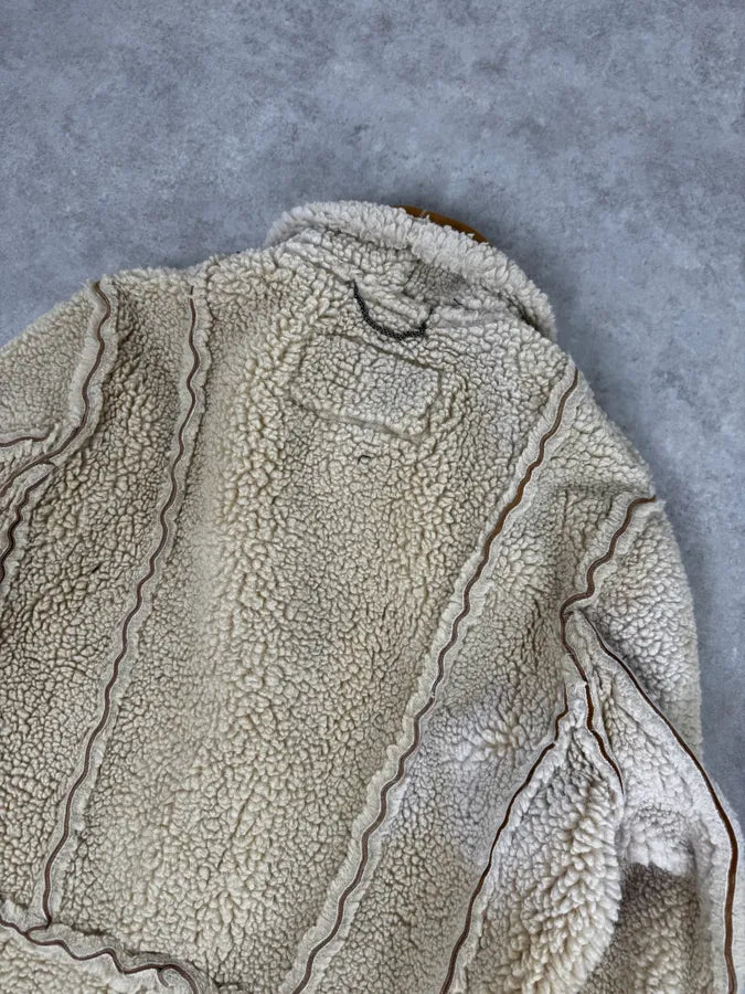 2000s Maison Margiela H&M Shearling Beige Reversible Long Jacket CWfaRTF 6