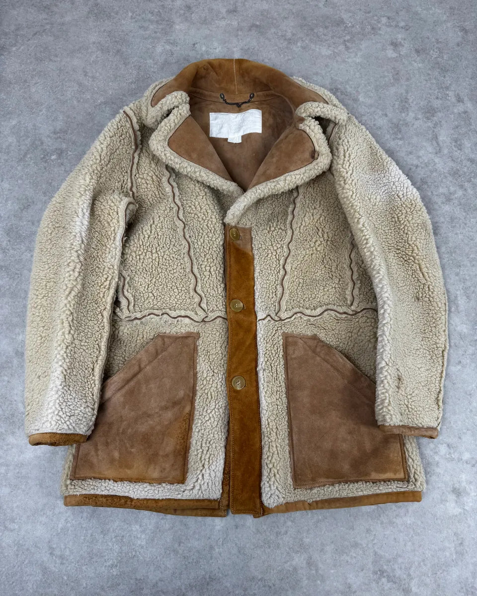2000s Maison Margiela H&M Shearling Beige Reversible Long Jacket CWfaRTF 0