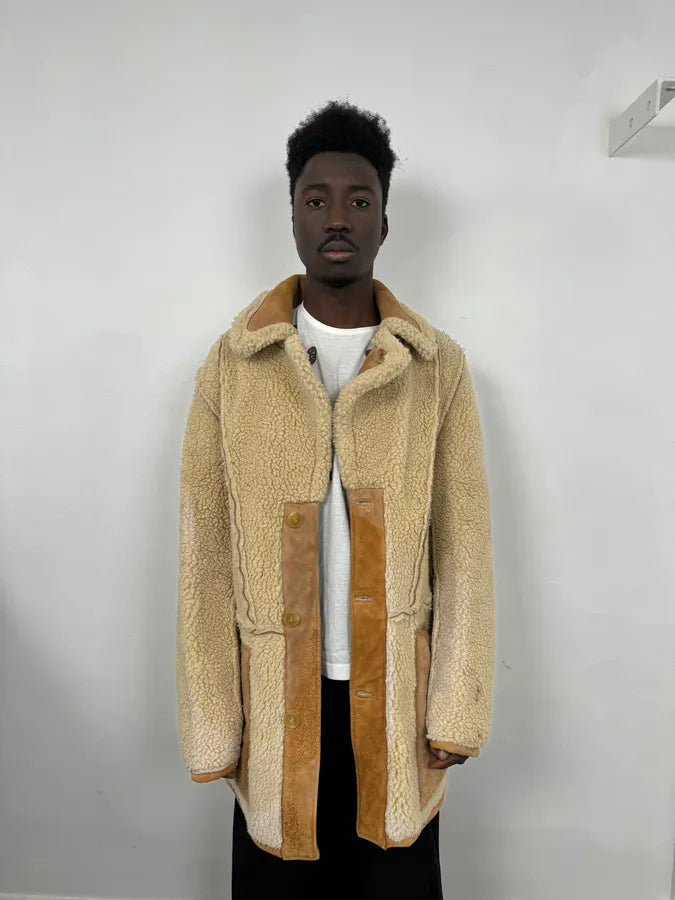 2000s Maison Margiela H&M Shearling Beige Reversible Long Jacket CWfaRTF 1