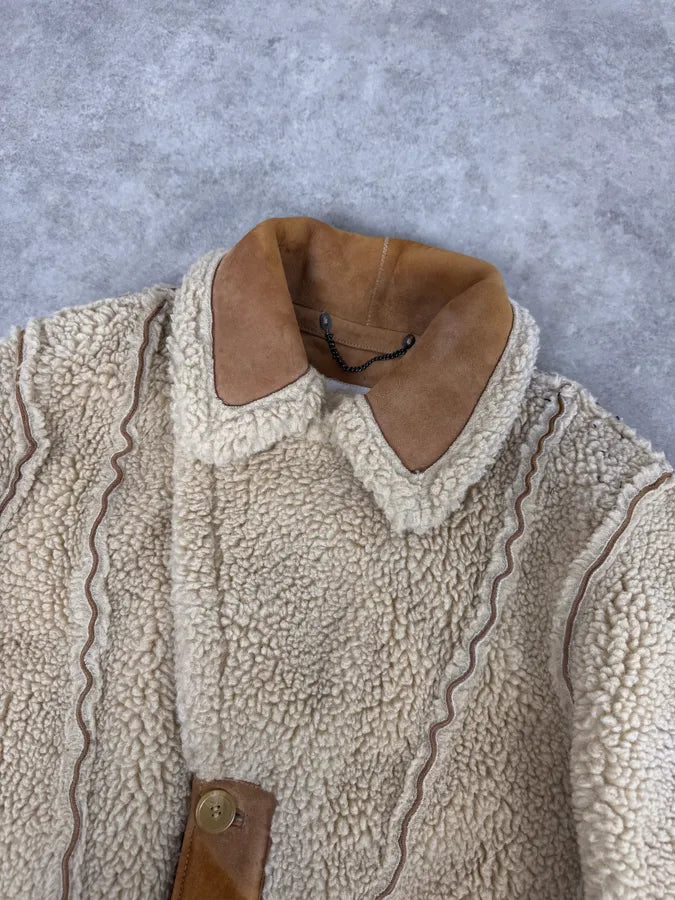 2000s Maison Margiela H&M Shearling Beige Reversible Long Jacket CWfaRTF 5