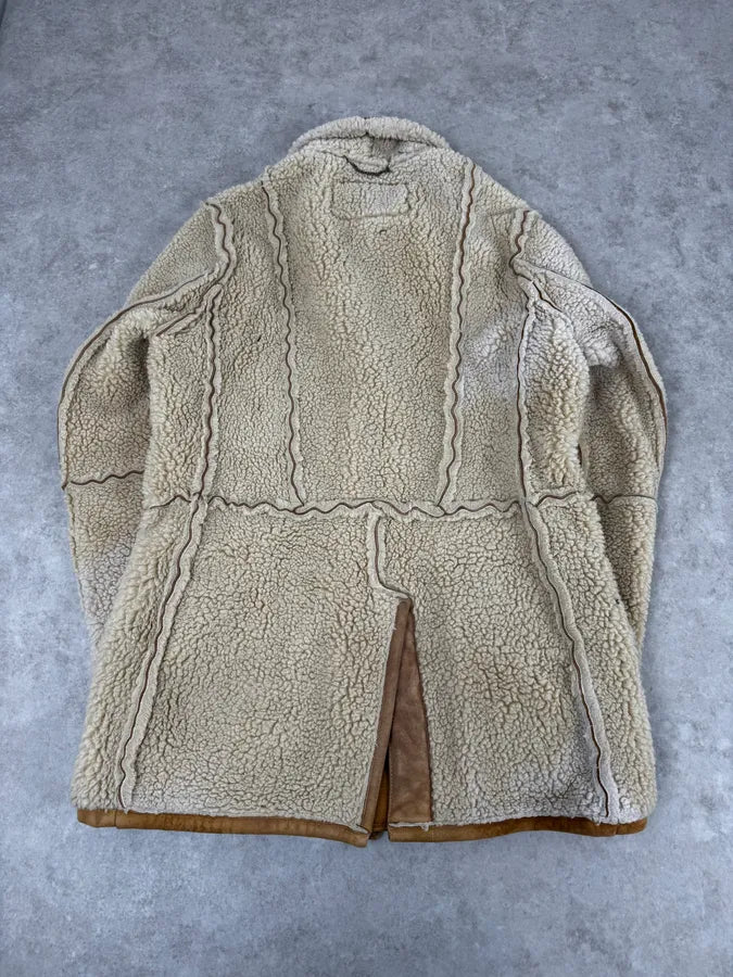 2000s Maison Margiela H&M Shearling Beige Reversible Long Jacket CWfaRTF 3