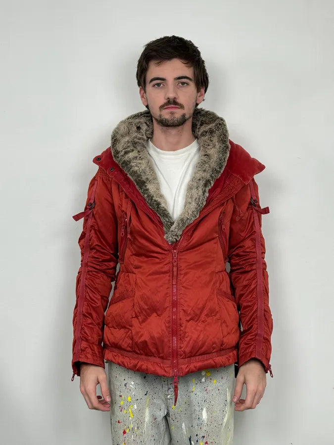 2000s Marithé + Francois Girbaud Fur Collar Bondage Red Puffer Jacket UuuLjZB 2