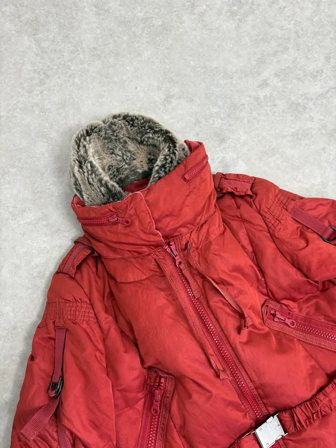 2000s Marithé + Francois Girbaud Fur Collar Bondage Red Puffer Jacket UuuLjZB 5