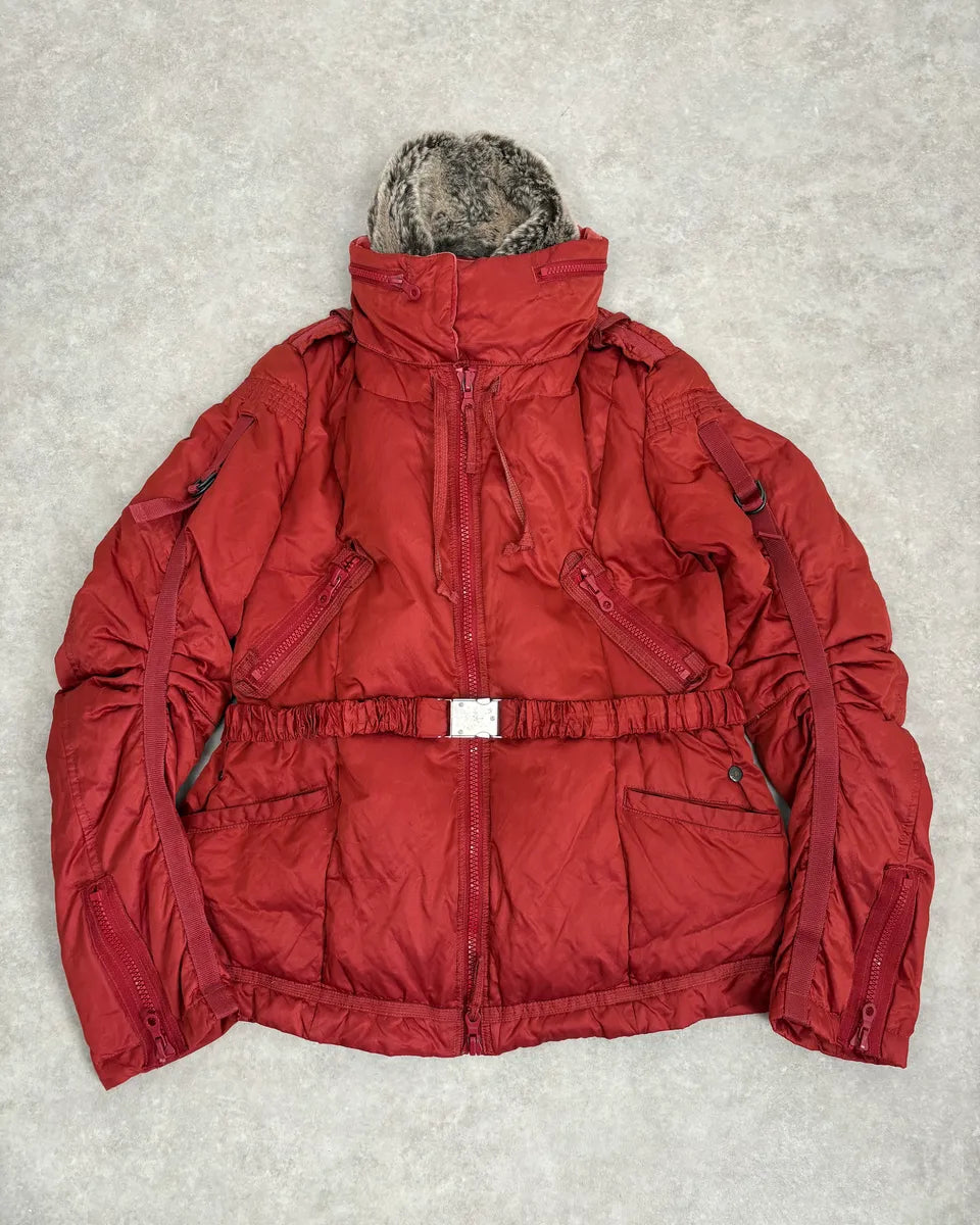 2000s Marithé + Francois Girbaud Fur Collar Bondage Red Puffer Jacket UuuLjZB 0