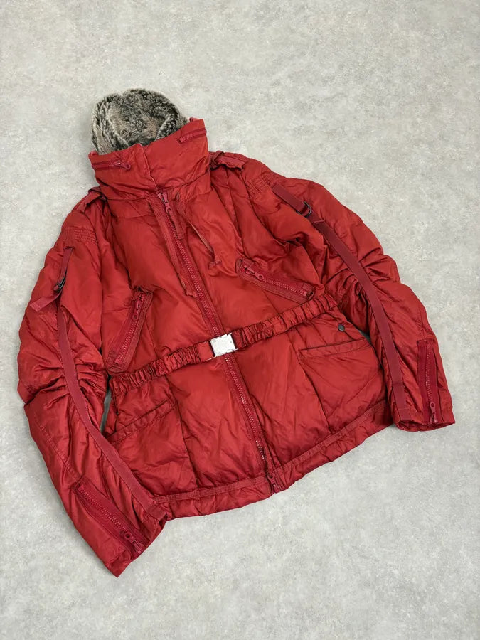 2000s Marithé + Francois Girbaud Fur Collar Bondage Red Puffer Jacket UuuLjZB 4