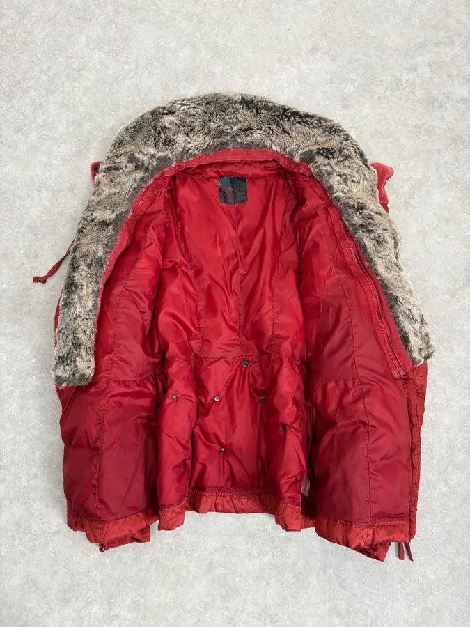 2000s Marithé + Francois Girbaud Fur Collar Bondage Red Puffer Jacket UuuLjZB 7