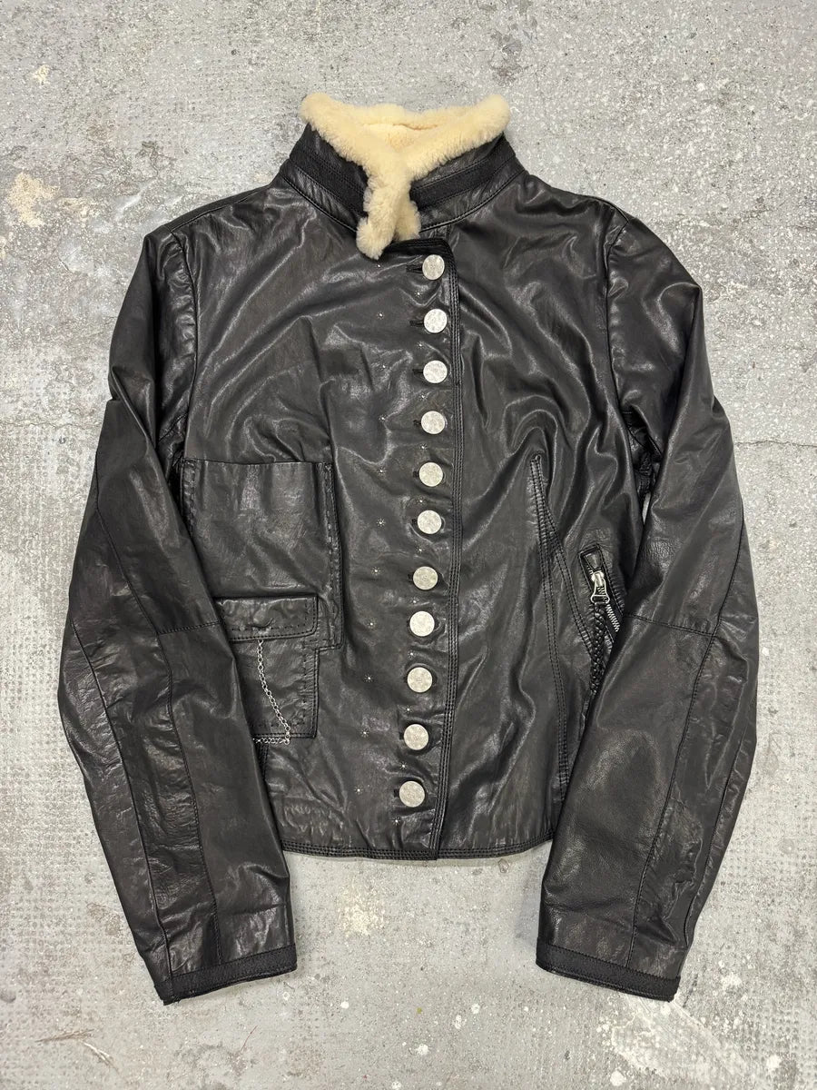 2000s Marithé + François girbaud Asymmetrical Buttoned Leather Black Jacket (S) 0