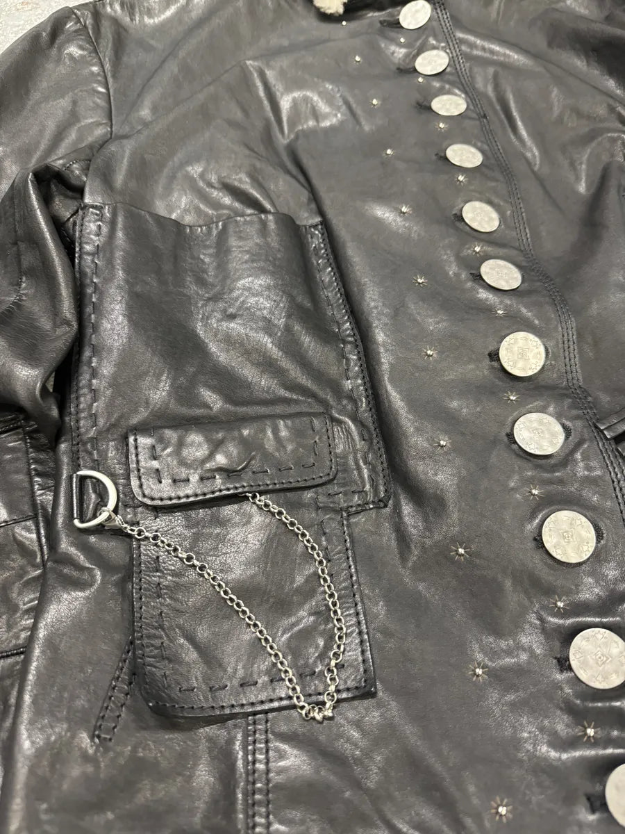 2000s Marithé + François girbaud Asymmetrical Buttoned Leather Black Jacket (S) 10