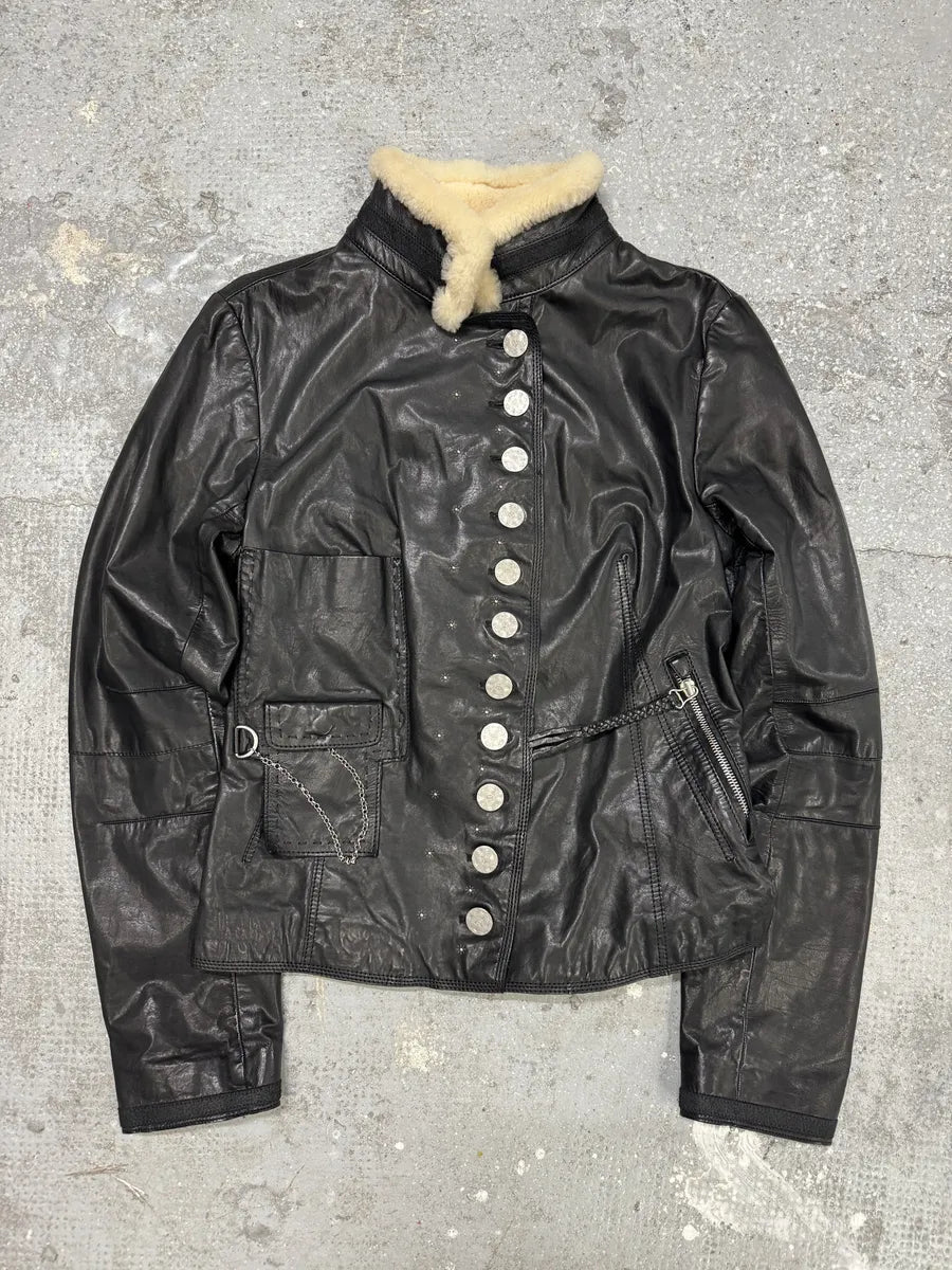 2000s Marithé + François girbaud Asymmetrical Buttoned Leather Black Jacket (S) 2