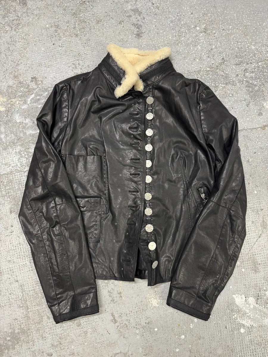 2000s Marithé + François girbaud Asymmetrical Buttoned Leather Black Jacket (S) 6
