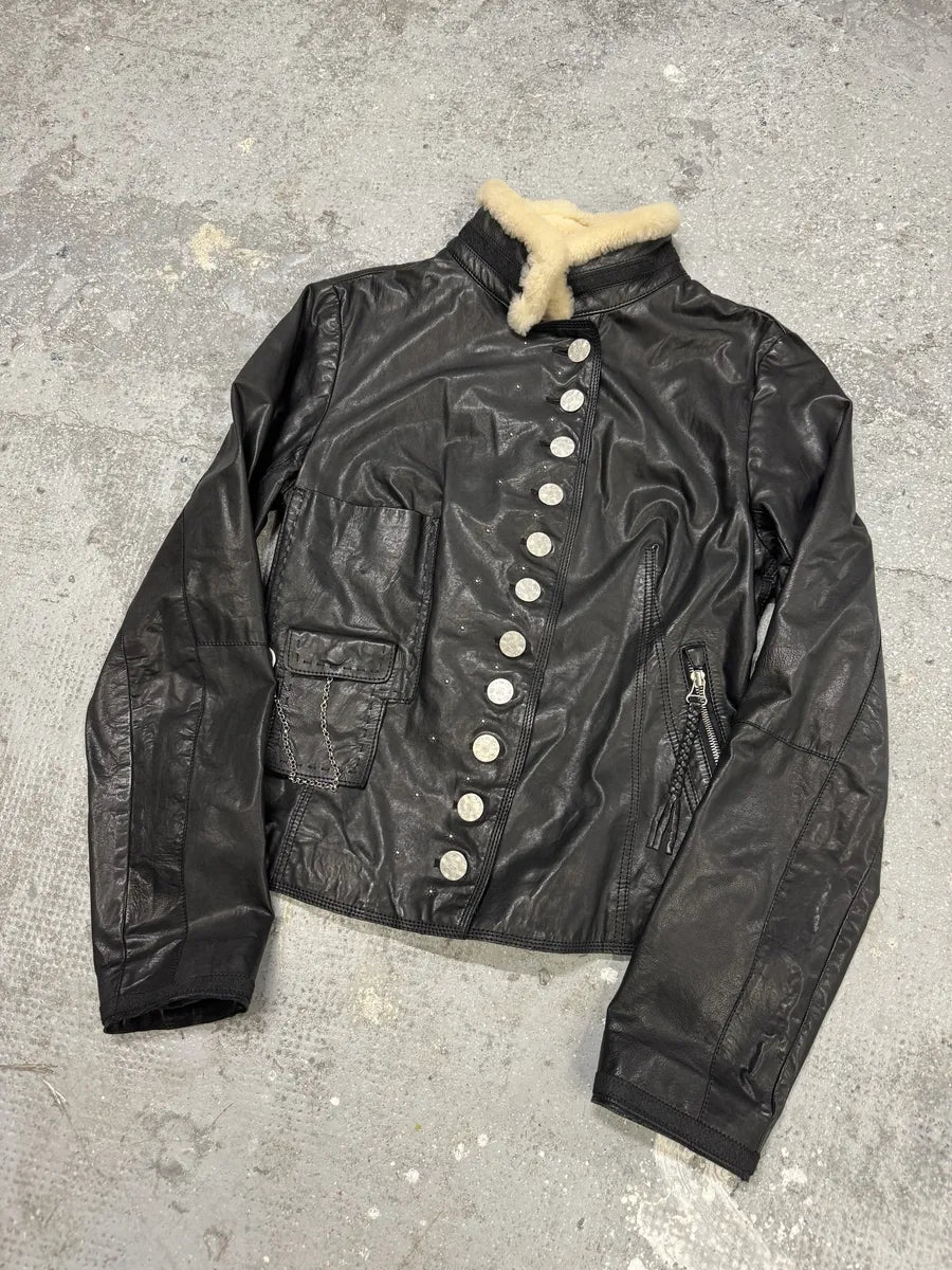 2000s Marithé + François girbaud Asymmetrical Buttoned Leather Black Jacket (S) 8