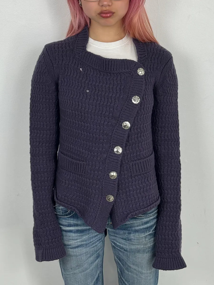 2000s Marithé + François Girbaud Asymmetrical Buttoned Wool Purple Cardigan fWqGHTn 1