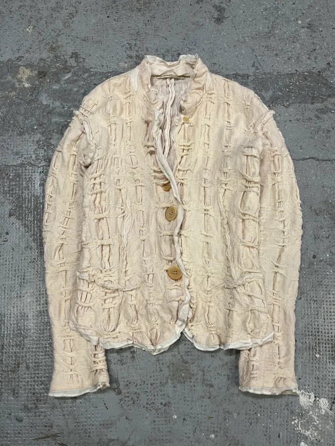 2000s Marithé + François Girbaud Beige Distressed Wool Buttoned Cardigan Blazer nczfRyL 0