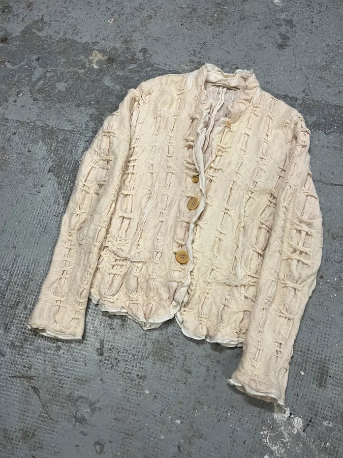 2000s Marithé + François Girbaud Beige Distressed Wool Buttoned Cardigan Blazer nczfRyL 1