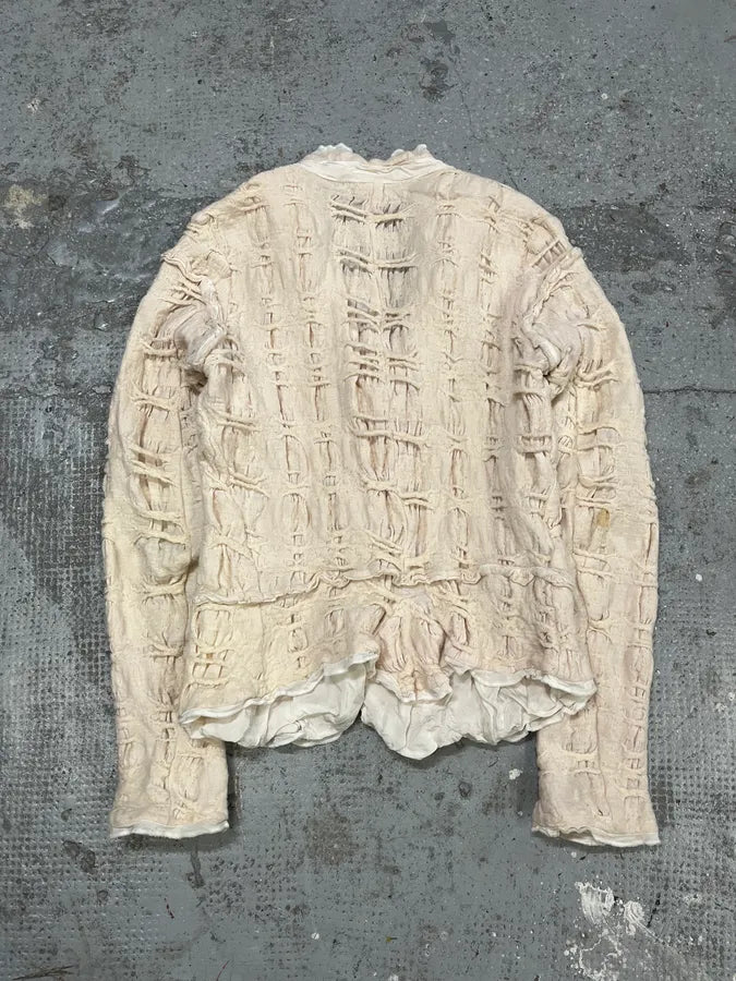 2000s Marithé + François Girbaud Beige Distressed Wool Buttoned Cardigan Blazer nczfRyL 4