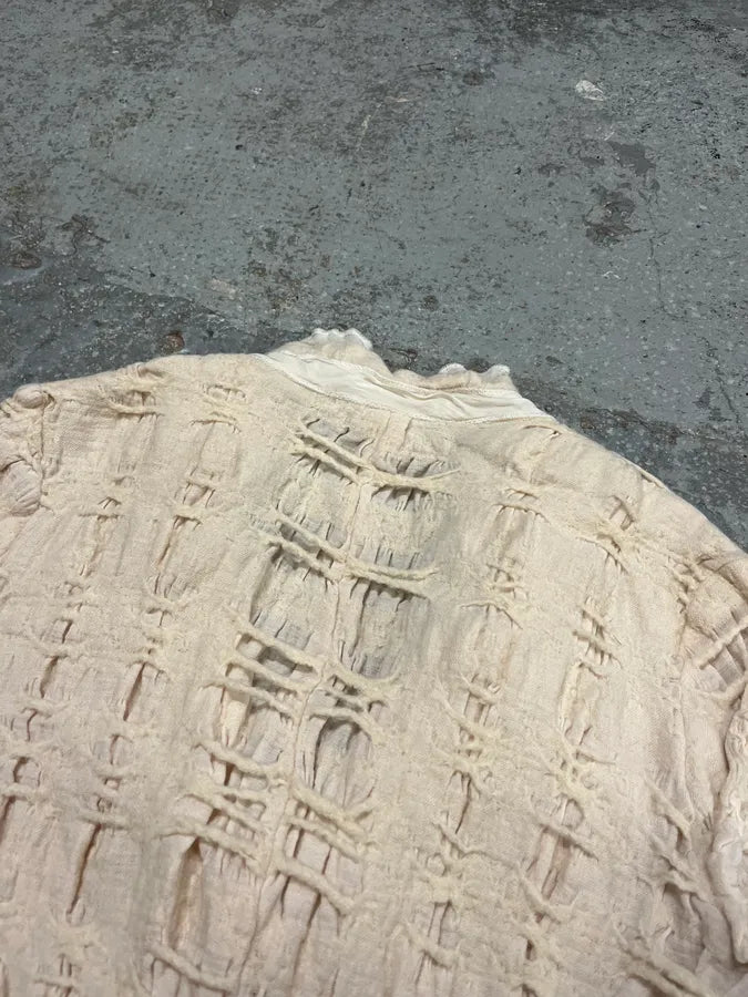 2000s Marithé + François Girbaud Beige Distressed Wool Buttoned Cardigan Blazer nczfRyL 5