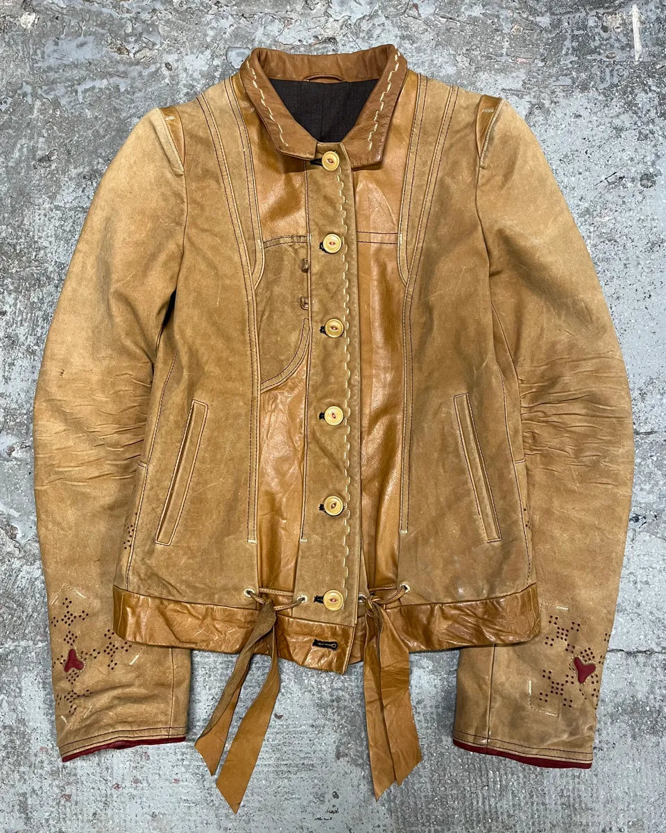 2000s Marithé + François Girbaud Beige Leather Buttoned Jacket tkQHJtZ 0