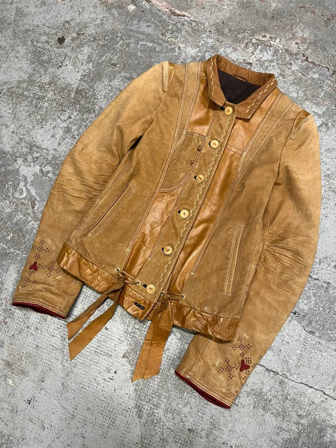 2000s Marithé + François Girbaud Beige Leather Buttoned Jacket tkQHJtZ 1