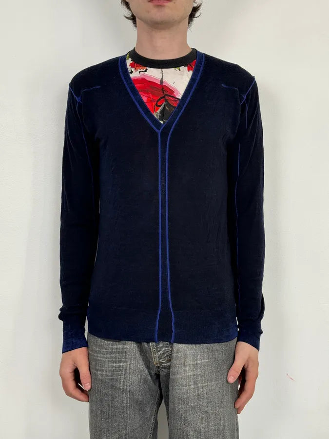 2000s Marithé + François Girbaud Black & Blue V Neck Irregular Sweater zubIfOU 1