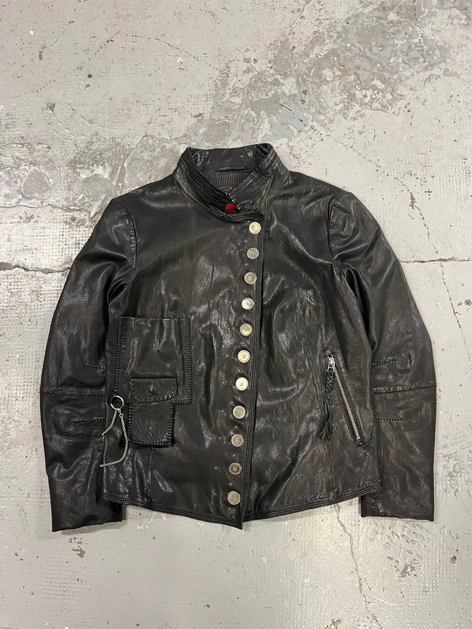 2000s Marithé + François Girbaud Black Asymmetrical Buttoned Leather Jacket HzzdRkc 0